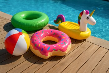 Hovuz kənarında yerləşdirilmiş rəngli şişmə oyuncaqlar