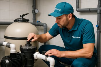 AquaLoop mütəxəssisi hovuz nasosunu və filtri yoxlayır